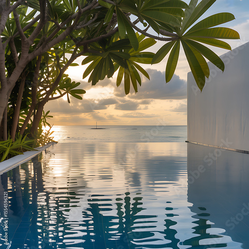Wallpaper Mural Infinity pool reflects the sunset over the ocean with tropical trees framing the view Torontodigital.ca