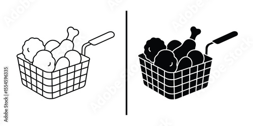Crispy Fried Chicken in Fryer Basket: Delightful close-up of crispy, golden fried chicken pieces, perfectly arranged in a wire fryer basket, promising a mouthwatering, savory treat.