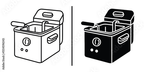 Deep Fryer Icon Set: A versatile set of deep fryer icons, showcasing both line art and solid black variations. Ideal for cooking apps, recipe websites, or kitchenware catalogs.