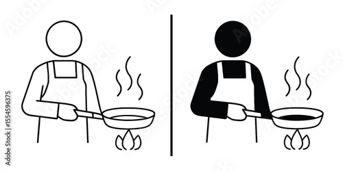 Cooking Icon: Two illustrations depicting a person cooking in a pan, with one fully illustrated and the other in silhouette, symbolizing the act of cooking and culinary skill.