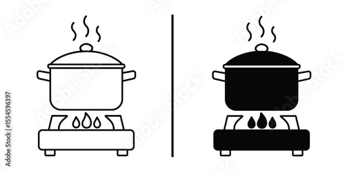 Cookware on stove: A minimalist illustration of cookware on a stove. showing black and white style cooking methods. representing the process of preparing food or a hot beverage.