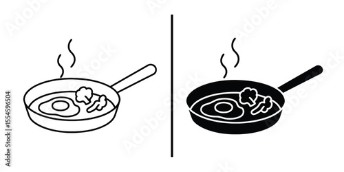 Fried Eggs in Pan Icon: Line art and solid icon of fried eggs cooking in a frying pan, perfect for restaurant menus, recipe blogs, and culinary websites.