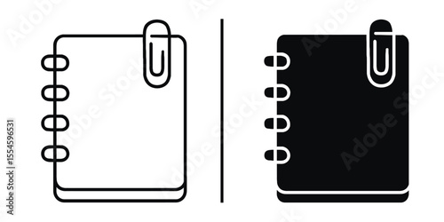 Notebook Icon: A minimalistic graphic featuring a notebook with a binder and paperclip, presented in both line art and filled-in versions.