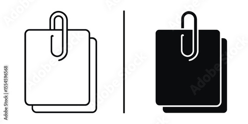 Contrast of Document Icons: A minimalist graphic presents two document icons, one in a pristine white and another in bold black, both secured by a metallic paperclip.