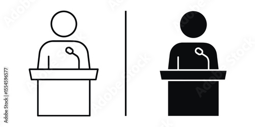 Speech Icon: Conceptual two-part image features a minimalist figure delivering a speech at a podium, offering a versatile visual for presentations, announcements, and discussions. 
