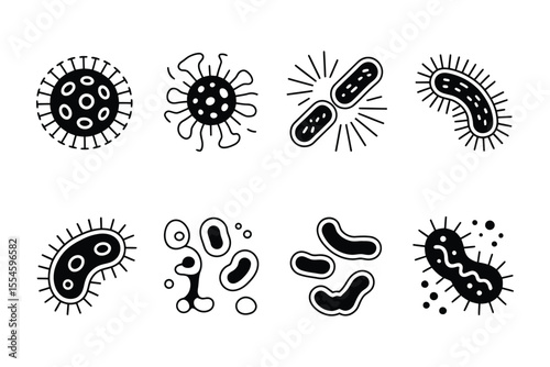 Collection of black and white microorganism vectors showing bacteria and viruses

