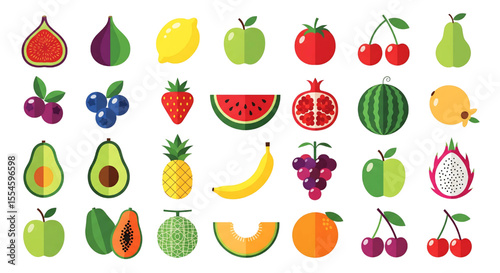 Colorful Fruit Vector Illustration Set | Flat Design Icons in Playful Grid
