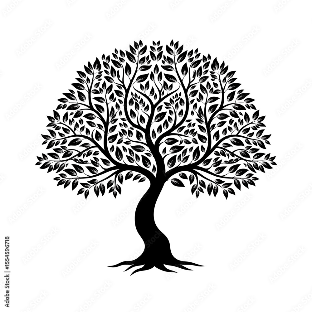 Obraz premium Stylized Tree Vector - Black and White Elegant, Symmetrical Illustration with Roots