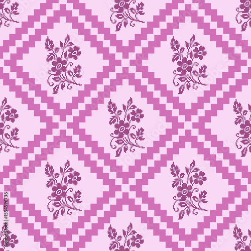 Geometric folk embroidery design,Pixel fabric Ethnic pattern, Cross-stitch,design for tile, carpet, vector, illustration , Abstract, background ,seamless