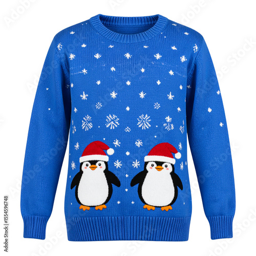 Child-Size Ugly Christmas Sweater with Cartoon Penguins and Snowflakes, isolated on transparent background PNG