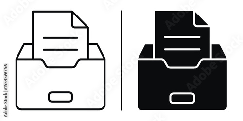 Archive Filing Icon: A minimalist black and white icon of document within file cabinet drawer symbolizing data storage, records management, and efficient organization.