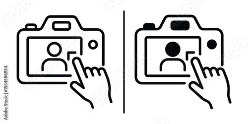 Camera Interface: A vector illustration shows a camera interface, with a finger touching the screen of camera for taking a picture. Emphasizing the concept of photography and capturing moments.