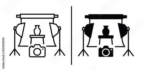 Photo Studio Setup: A stylized icon captures the essence of a professional photography setup, spotlighting the tools of the trade: a camera, lights, backdrop, and a subject.