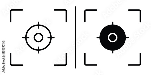 Focus Target Icon Set: Two variations of a target icon, one with a white circle and the other with a black circle, both set within a camera focus frame, ideal for photography or design projects. 