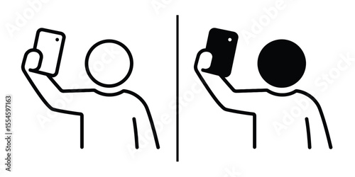 Selfie Duo: Minimalist illustration capturing the essence of self-expression and modern communication, the image showcasing a pair of individuals holding phones up for a selfie.
