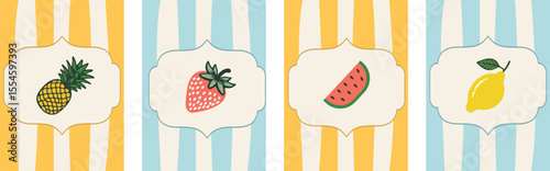 Set of cute vintage hand draw summer posters, cards templates. Trendy summer frames design for branding, print, decor, summer card, postage stamp.