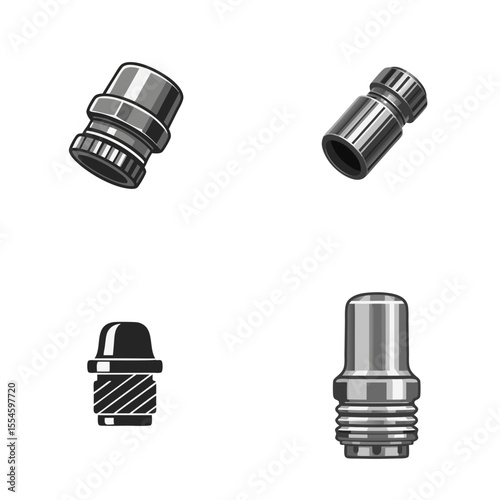 Set of four car tire valve caps in ribbed cylindrical shape with metallic look isolated on a transparent background
