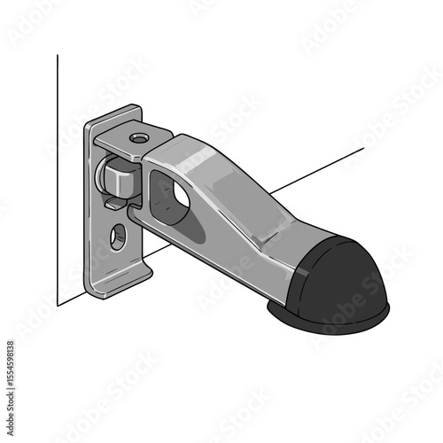 Metal door stopper with a folding mechanism and rubber tip on a white background with copy space
