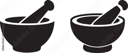 Classic Mortar and Pestle Silhouette Icons for Pharmacy and Herbal Medicine