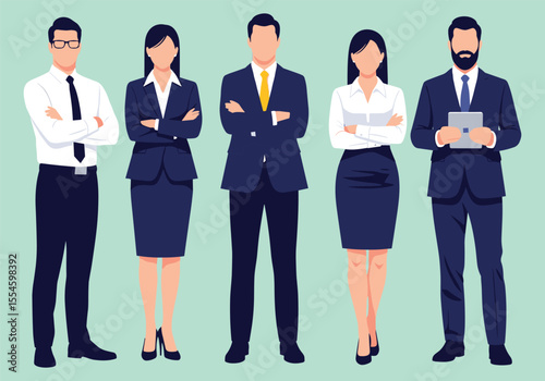 A diverse group of professional business people in suits stands together, smiling, embodying successful teamwork and leadership