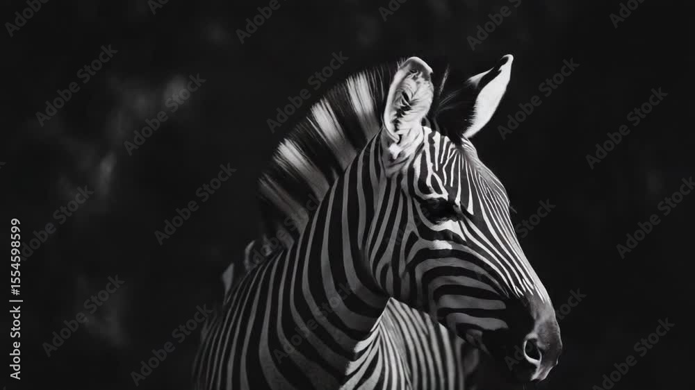 A close-up portrait of a zebra in black and white, highlighting its unique stripes