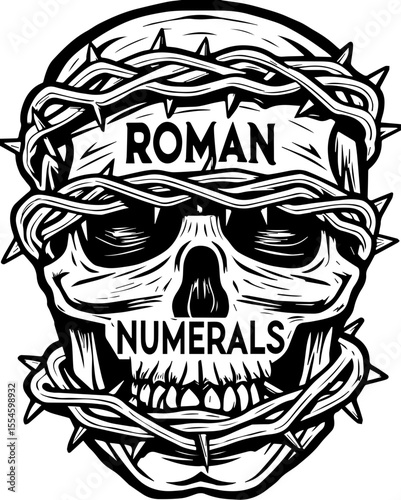SVG featuring a dark fantasy skull design perfect for bold tattoo art. 
 Intricate Skull Design with Roman Numerals and Thorny Vines