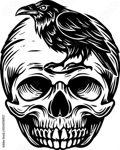 SVG featuring a dark fantasy skull design perfect for bold tattoo art. 
 Intricate Black and White Skull with Raven Illustration Design