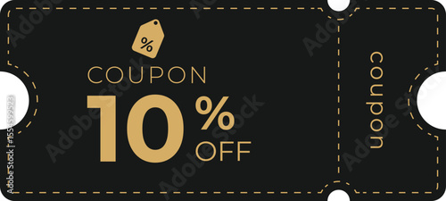 Modern 10% off discount coupon in black and gold. Sleek, minimal, and stylish voucher ideal for sales, offers, e-commerce, promotions, and retail marketing campaigns.
