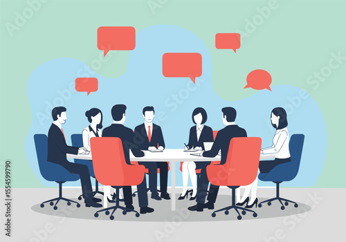 Businesspeople in silhouette sit at a conference table, engaged in a team meeting with speech bubbles signifying communication and discussion