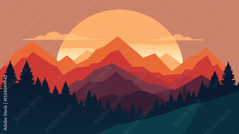Naklejka premium Minimalist Sunset Mountains Vector Illustration