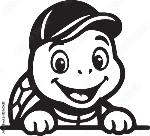 This black and white illustration depicts a cheerful, cartoon turtle wearing a baseball cap. The turtle has a wide, happy smile and large, friendly eyes, looking directly forward. Its head and parts o