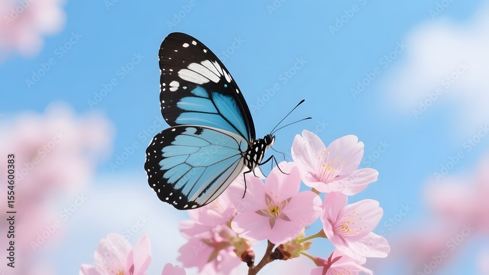Naklejka premium Blue Butterfly on Cherry Blossom with Clear Blue Sky