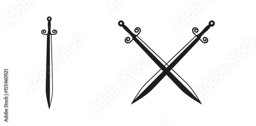 Crossed Swords Vector Collection, Military sword ancient weapon design silhouette, European straight swords, vector illustration.
