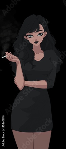 A confident and mysterious femme fatale character with long black hair. A concept of noir, fashion, and edgy style