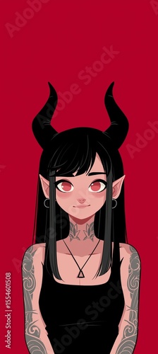 A fantasy portrait of a female demon character with pointed ears and gothic style on a red background. Concept for manga, avatars, and games