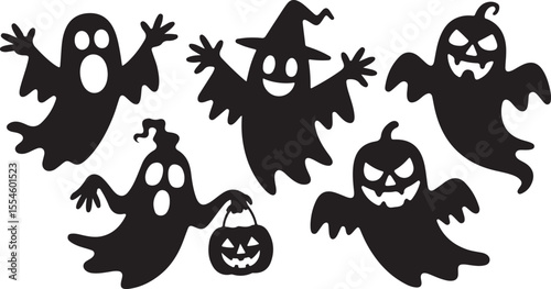 Ghost Silhouettes with Pumpkins in Black and White Halloween Art with Minimalist Spooky Design and Fun Seasonal Illustration