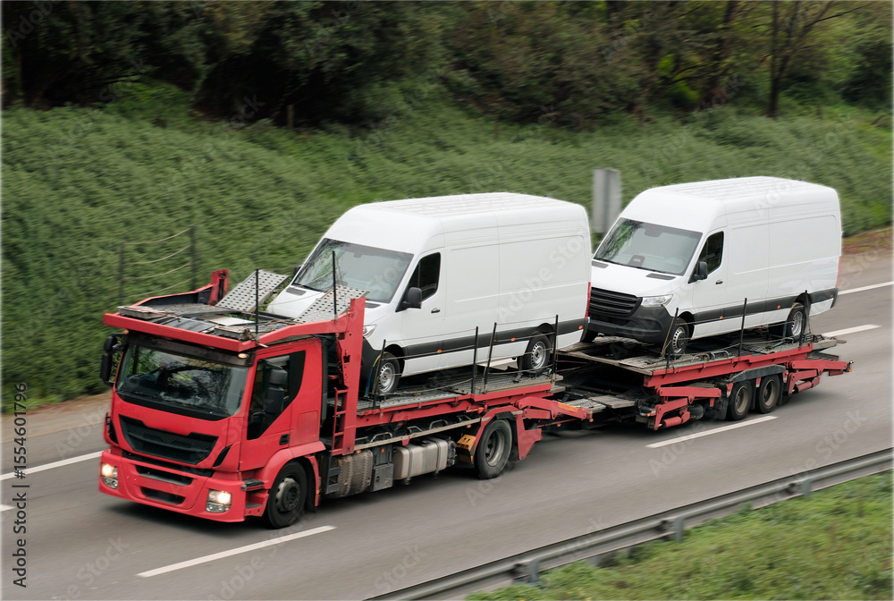 custom made wallpaper toronto digitalRed Car Carrier Transporting Two White Cargo Vans on Highway