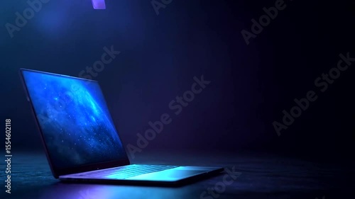 Laptop with digital file folders floating from screen.