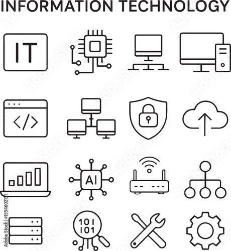 Information Technology icon set. Thin line editable stroke icons for IT, technology, systems, software, networks, cybersecurity, data analytics, AI and cloud computing
