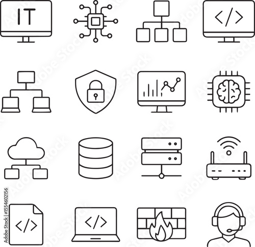 Information Technology icon set. Thin line editable stroke icons for IT, technology, systems, software, networks, cybersecurity, data analytics, AI and cloud computing