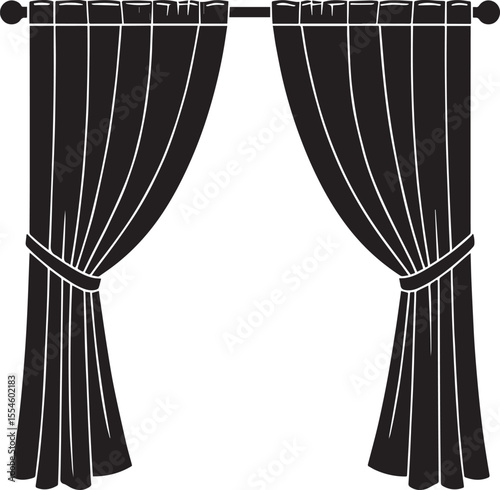 Curtain Semi Pulled Silhouette Black Vector | Elegant Window Drapery Illustration Format