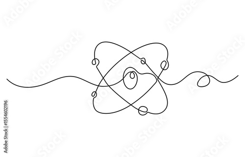 Continuous one line drawing atom or proton nucleus sign symbol isolated vector illustration, molecule continuous one line drawing, Atom molecule one continuous line design. Decorative elements drawn