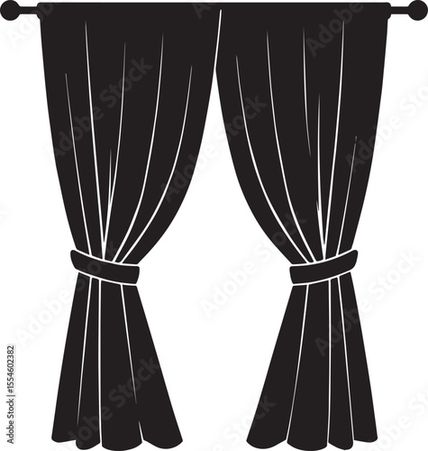 Curtain Semi Pulled Silhouette Black Vector | Elegant Window Drapery Illustration Format