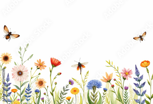 Colorful wildflowers with butterflies on a white background  