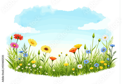 Colorful wildflowers blooming in green grass under blue sky  