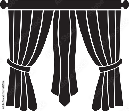 Curtain Semi Pulled Silhouette Black Vector | Elegant Window Drapery Illustration Format