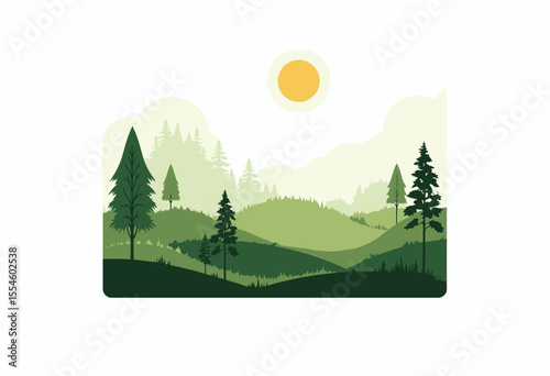 Green landscape with trees and sun in a minimalist style  