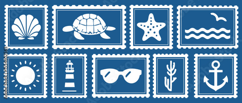 Vintage summer vacation postcard stamp set. Italian Hand drawn travel postage. Vector retro frame label border element design, amalfi badge, lemons, tomato, seashell.