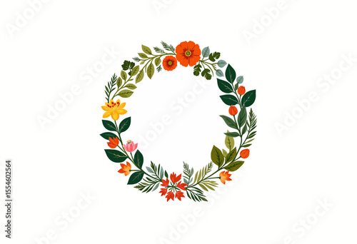 Colorful floral wreath with greenery and flowers on white background  