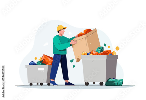 Man sorting waste into bins while wearing a yellow hard hat  